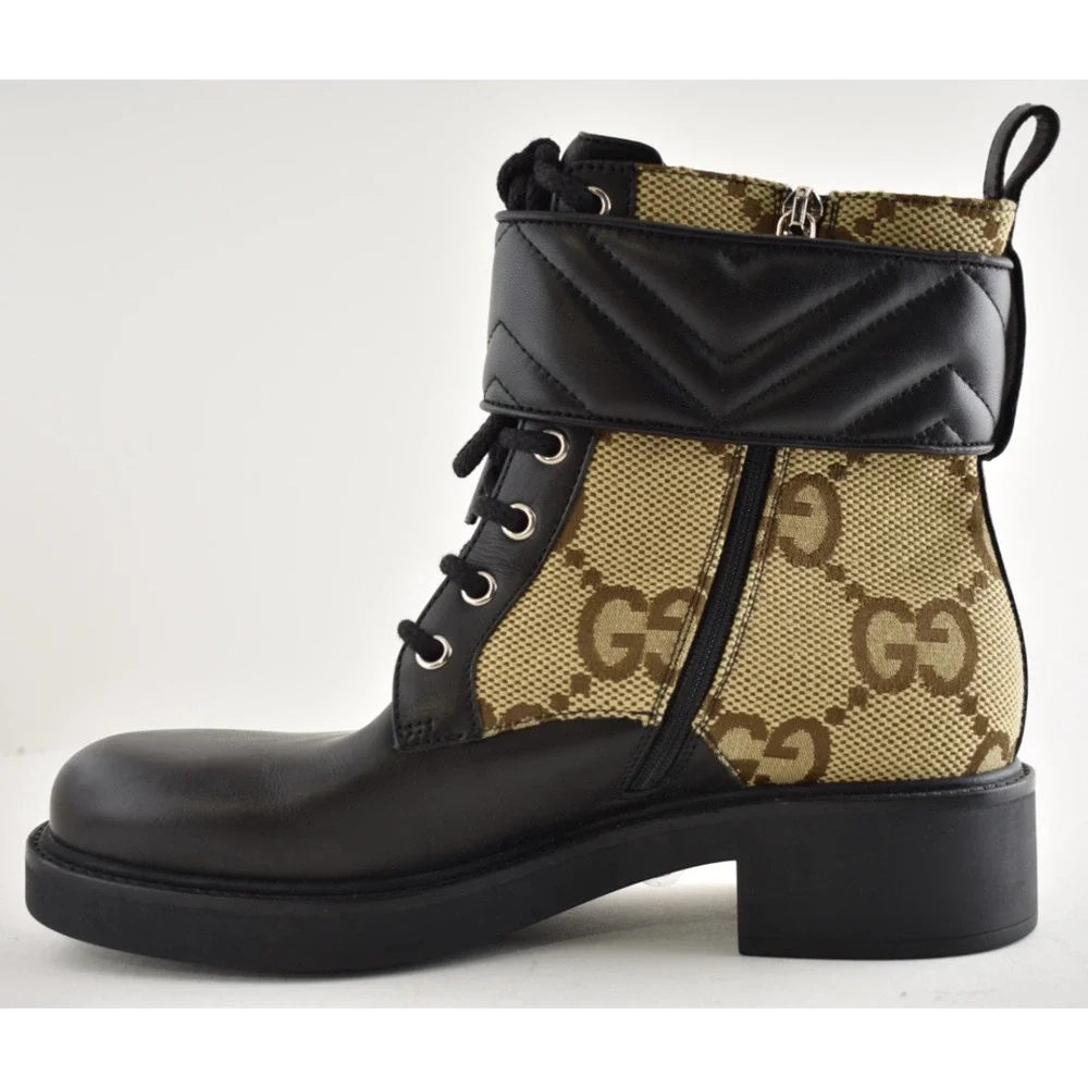 Gucci Marmont Black Leather Beige GG Coated Canvas Logo Print Combat Boots 38